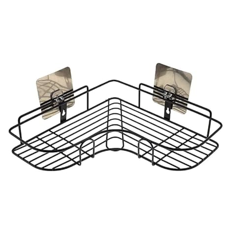 Amiraj Wall Mounted Self-Adhesive Bathroom Organizer | No Drill Kitchen Rack | L Shape Corner Shelf for Bathroom & Kitchen Accessories | GI Metal with Powder Coated Finish, Black (Pack of 1) - Image 1