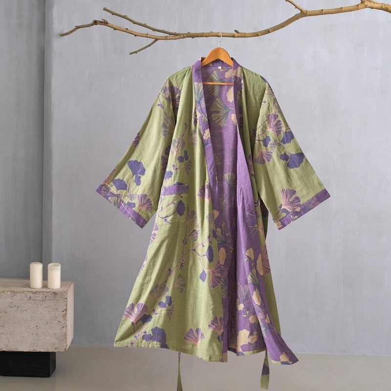 Kimono Robe 100% Cotton Gauze Ginkgo Leaf Print - Image 2