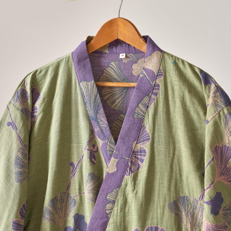 Kimono Robe 100% Cotton Gauze Ginkgo Leaf Print - Image 3