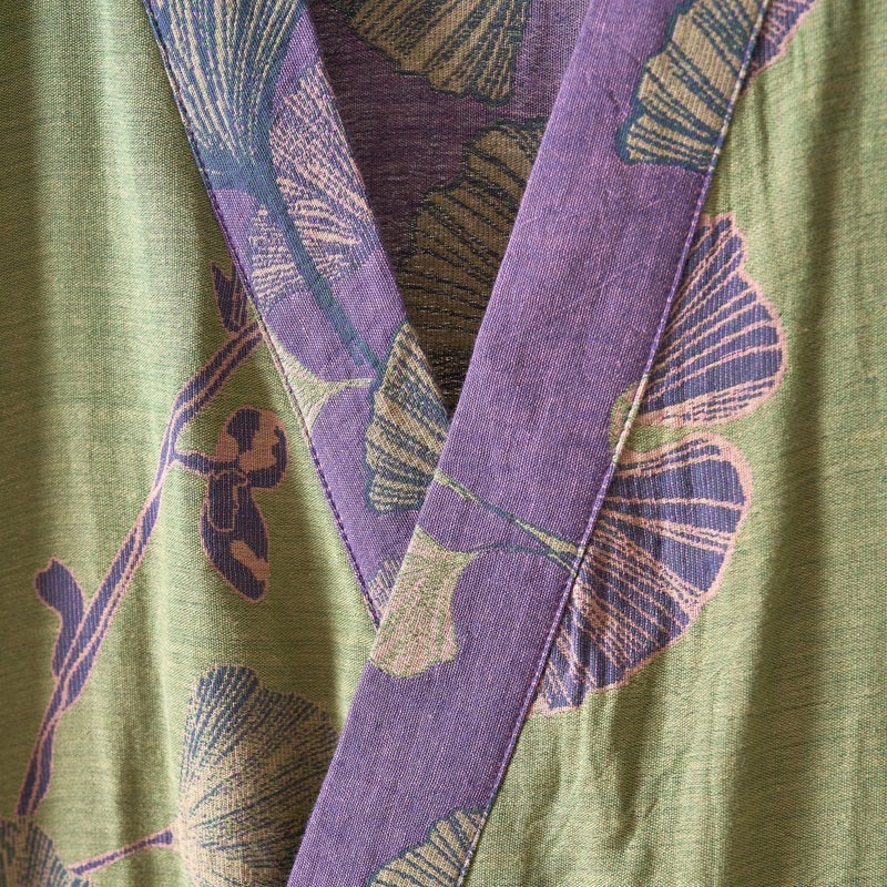 Kimono Robe 100% Cotton Gauze Ginkgo Leaf Print - Image 4