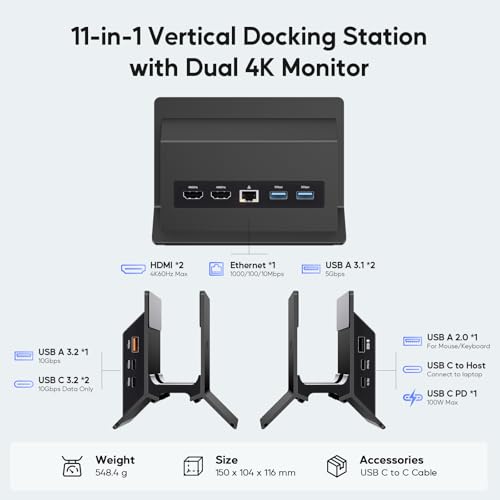 PULWTOP USB C Laptop Docking Station Dual Monitor, 11 in 1 Vertical Dock with 2 HDMI 4K, 3 USB A/C 10Gbps, 2USB-A 5Gbps, USB A 2.0, Ethernet, Docking Station Stand for Type-C Laptops - Black - Image 2