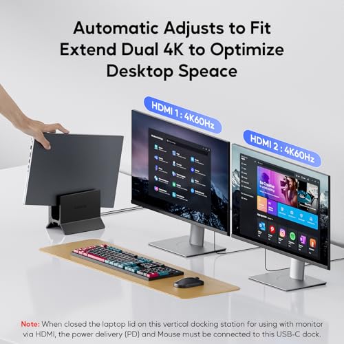 PULWTOP USB C Laptop Docking Station Dual Monitor, 11 in 1 Vertical Dock with 2 HDMI 4K, 3 USB A/C 10Gbps, 2USB-A 5Gbps, USB A 2.0, Ethernet, Docking Station Stand for Type-C Laptops - Black - Image 5