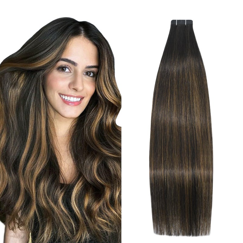 Aison Tape in Human Hair Extensions Balayage Dark Brown Ombre to Chestnut Brown Real Hair Extensions Tape in 20 Inches 50g 20 PcsPack