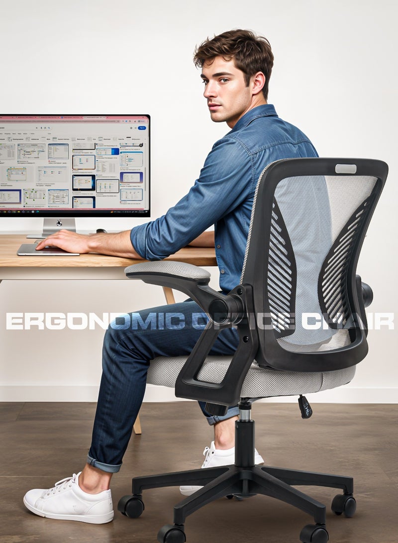 DROGO Premium Ergonomic Office Chair for Work from Home, High Back Computer Chair with Flip Up Armrest, Breathable Mesh, Rocking, Adjustable Seat, Winged Back | Mesh Chair for Office Black/Grey - Image 2