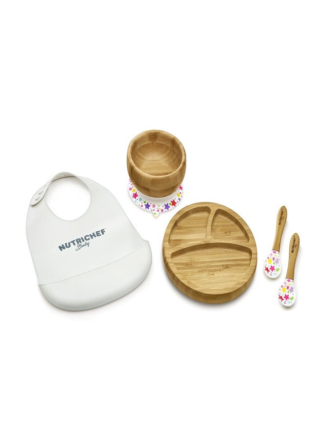 Nutrichef Baby and Toddler, 3 Compartment Plate, Bowl, and Spoon Feeding Set- Silicon Suction, Non-Toxic All Natural Bamboo Baby Food Plate with Silicon Bib - Image 1