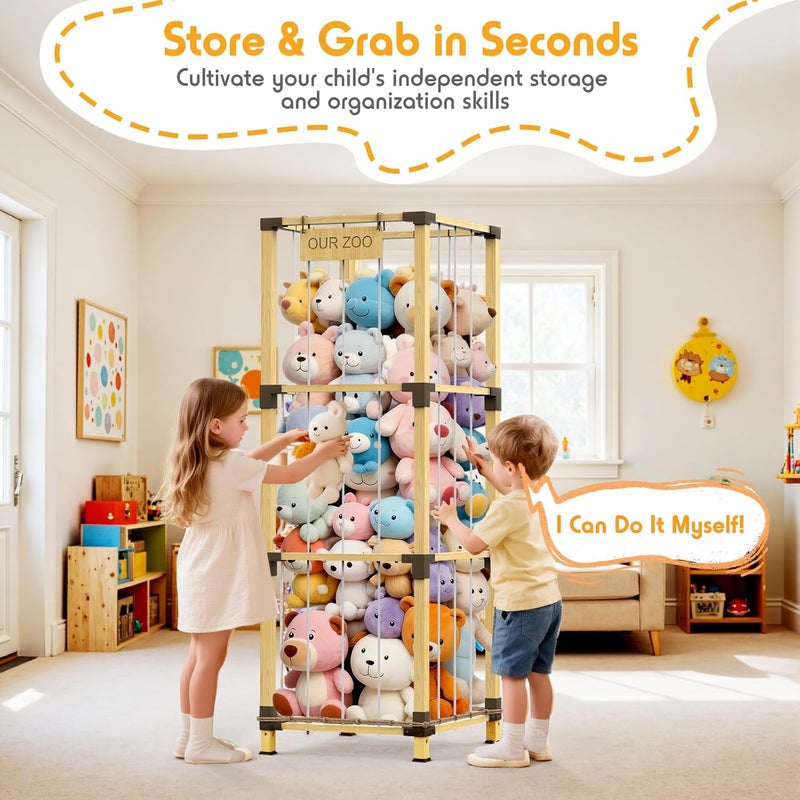 Keeswin حامل ألعاب محشو بحجم 200 لتر - 3 طبقات - كبير جداً - برج تخزين ألعاب محشو من الخيزران الصلب مع جيب شبكي وأربطة مرنة - موفر للمساحة لغرفة الأطفال وغرفة اللعب وغرفة النوم - Image 5