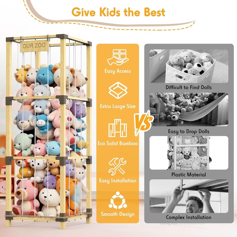 Keeswin حامل ألعاب محشو بحجم 200 لتر - 3 طبقات - كبير جداً - برج تخزين ألعاب محشو من الخيزران الصلب مع جيب شبكي وأربطة مرنة - موفر للمساحة لغرفة الأطفال وغرفة اللعب وغرفة النوم - Image 3