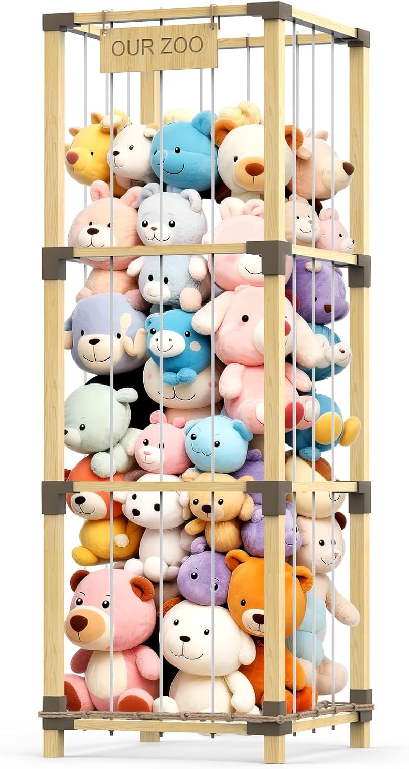 Keeswin حامل ألعاب محشو بحجم 200 لتر - 3 طبقات - كبير جداً - برج تخزين ألعاب محشو من الخيزران الصلب مع جيب شبكي وأربطة مرنة - موفر للمساحة لغرفة الأطفال وغرفة اللعب وغرفة النوم - Image 1