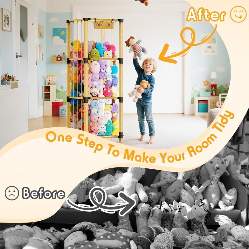 Keeswin حامل ألعاب محشو بحجم 200 لتر - 3 طبقات - كبير جداً - برج تخزين ألعاب محشو من الخيزران الصلب مع جيب شبكي وأربطة مرنة - موفر للمساحة لغرفة الأطفال وغرفة اللعب وغرفة النوم - Image 2