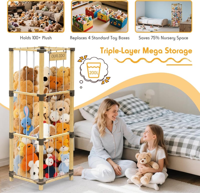 Keeswin حامل ألعاب محشو بحجم 200 لتر - 3 طبقات - كبير جداً - برج تخزين ألعاب محشو من الخيزران الصلب مع جيب شبكي وأربطة مرنة - موفر للمساحة لغرفة الأطفال وغرفة اللعب وغرفة النوم - Image 4