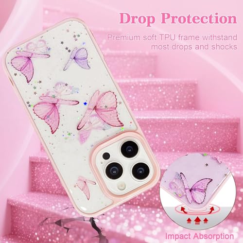 VONZEE for iPhone 16 Pro Max Clear Glitter Butterfly Case, Cute Bling Sparkle Shiny Soft TPU Bumper Shockproof Women Girls Slim Protective Phone Cover for iPhone 16 Pro Max 6.9",Pink - Image 4