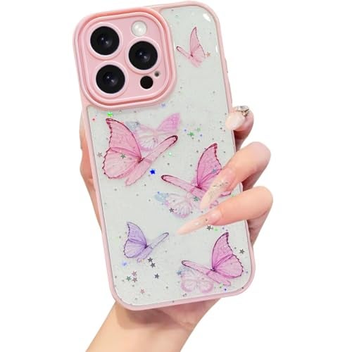 VONZEE for iPhone 16 Pro Max Clear Glitter Butterfly Case, Cute Bling Sparkle Shiny Soft TPU Bumper Shockproof Women Girls Slim Protective Phone Cover for iPhone 16 Pro Max 6.9",Pink - Image 1