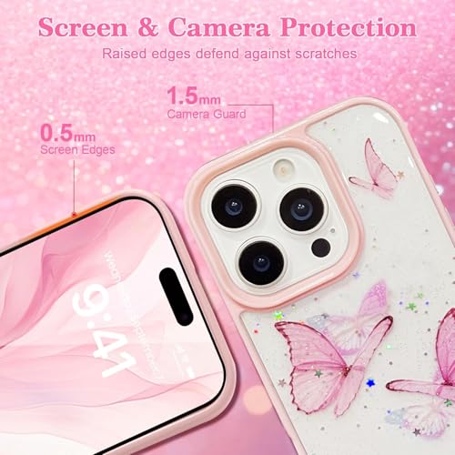 VONZEE for iPhone 16 Pro Max Clear Glitter Butterfly Case, Cute Bling Sparkle Shiny Soft TPU Bumper Shockproof Women Girls Slim Protective Phone Cover for iPhone 16 Pro Max 6.9",Pink - Image 5
