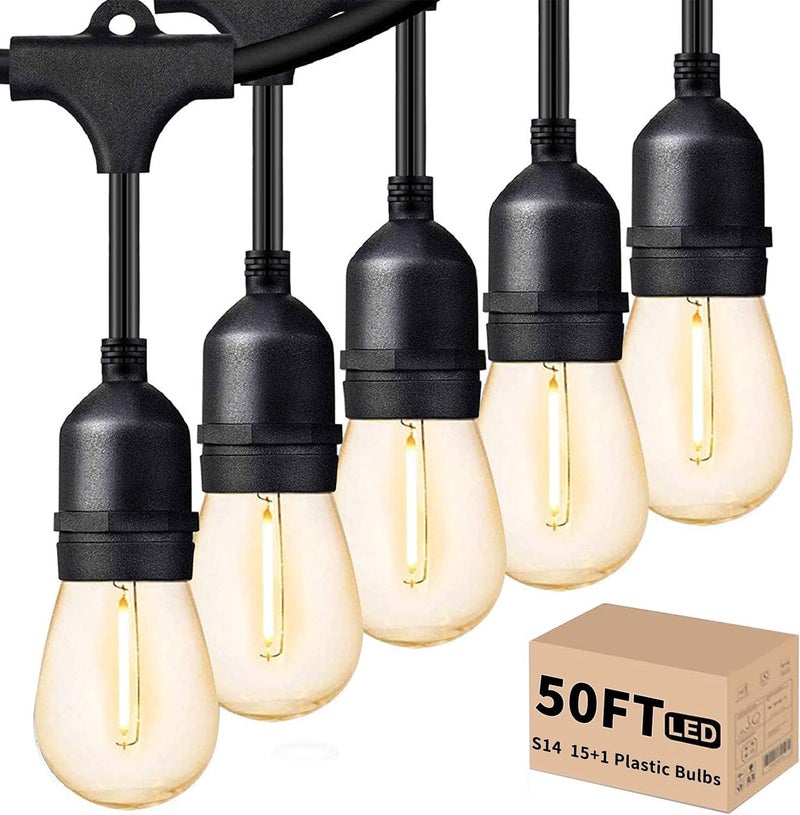 Svater Outdoor Led String Lights 50FT, Patio Lights with 16pcs S14 Shatterproof Bulbs, 1 Watt E26 Dimmable 2700K Warm White, IP65 Waterproof, Commercial Grade Light - Image 1