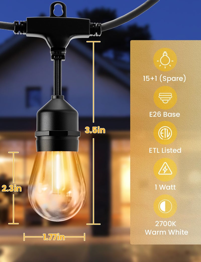 Svater Outdoor Led String Lights 50FT, Patio Lights with 16pcs S14 Shatterproof Bulbs, 1 Watt E26 Dimmable 2700K Warm White, IP65 Waterproof, Commercial Grade Light - Image 4