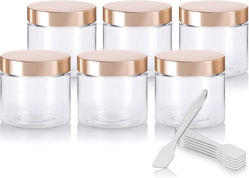 JUVITUS 4 oz / 120 ml Clear PET Plastic (BPA Free) Refillable Jar with Gold Metal Overshell Lid (6 Pack) + Spatulas