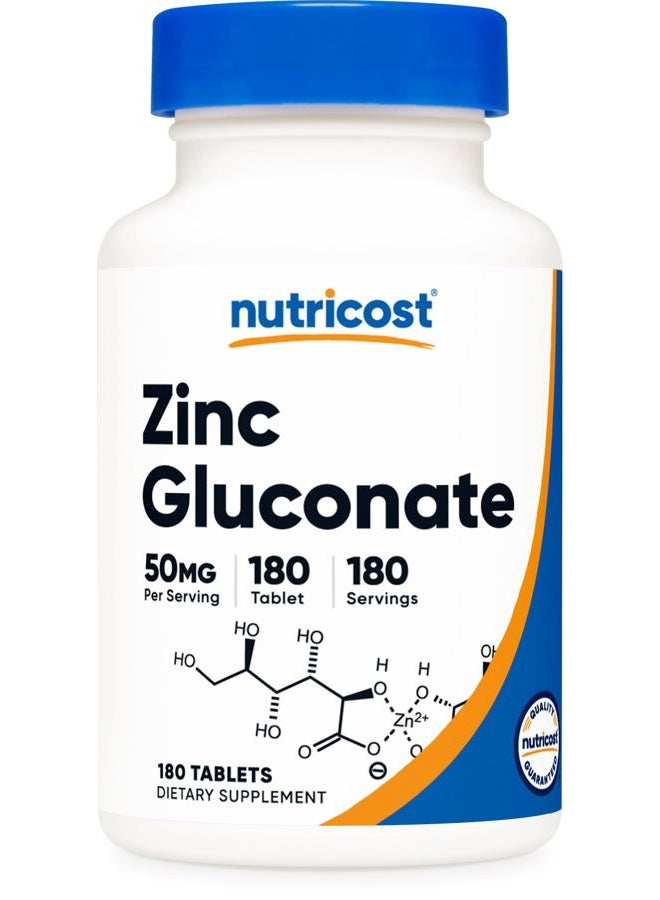 Nutricost Zinc Gluconate 50mg, 180 Tablets - GMO-Free - Image 1
