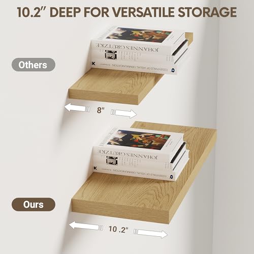 Vivelove 10" Deep Floating Shelves Over Toilet, 16" Wall Shelves for Bathroom Bedroom Kitchen Living Room Laundry Room, Modern Rustic Shelves for Home Decor, 16"x10.2"x1.5", Set of 2, Oak - Image 3
