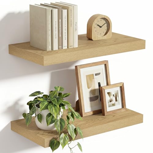 Vivelove 10" Deep Floating Shelves Over Toilet, 16" Wall Shelves for Bathroom Bedroom Kitchen Living Room Laundry Room, Modern Rustic Shelves for Home Decor, 16"x10.2"x1.5", Set of 2, Oak - Image 1