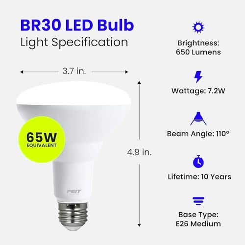 Feit Electric BR30 LED Light Bulb, 65W Equivalent, Dimmable, 650 Lumens, E26 Standard Base, 2700K Soft White, 90 CRI, Recessed Can Light Bulbs, 12-Year Lifetime, BR30DM927CA10K/MP/12, 12 Pack - Image 3