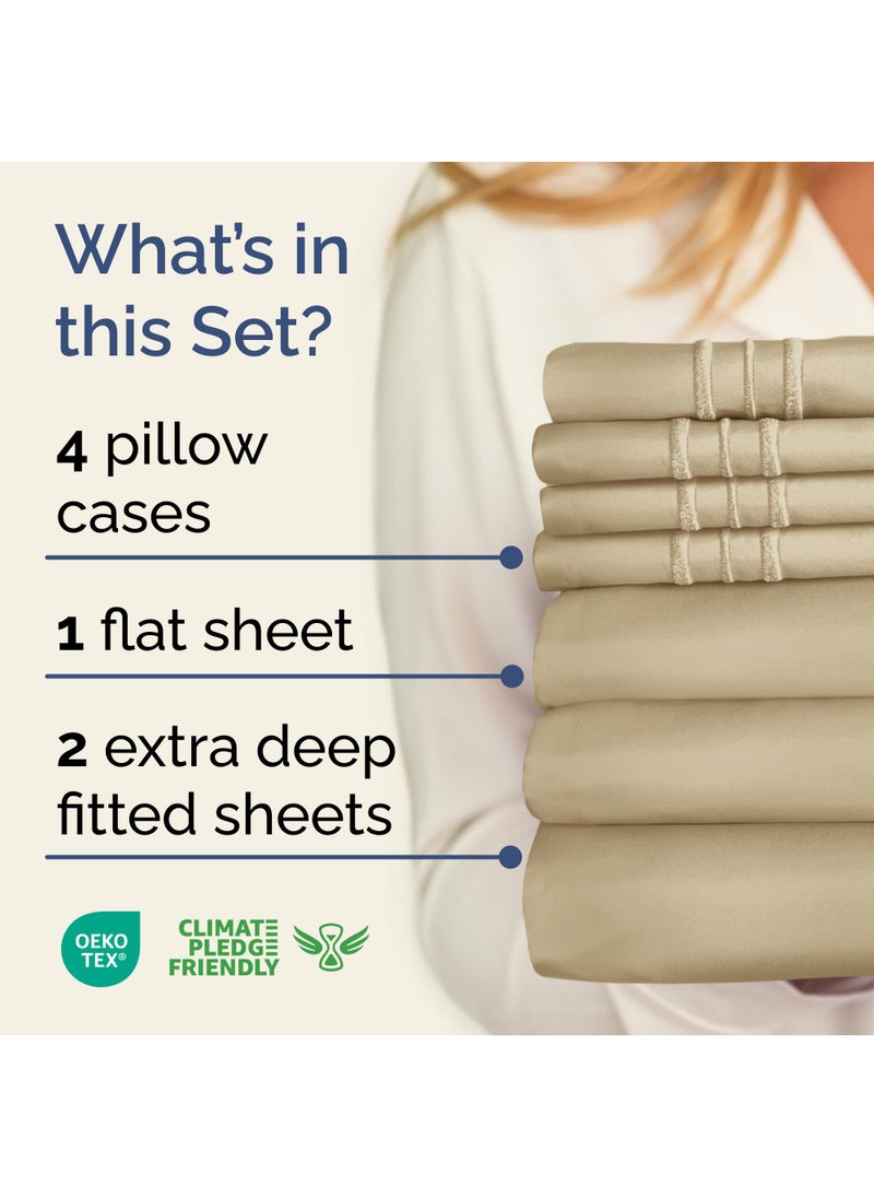 Extra Deep Split King Sheet Set - 7 Piece Breathable & Cooling Sheets - Hotel Luxury Bed Sheets Set - Easy & Secure Fit - Soft  Wrinkle Free & Comfy Sheets Set - Beige Sheet Set w/Extra Deep Pockets