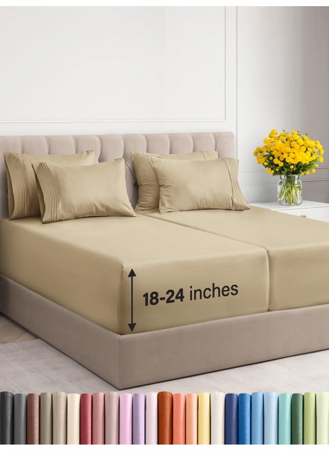 Extra Deep Split King Sheet Set - 7 Piece Breathable & Cooling Sheets - Hotel Luxury Bed Sheets Set - Easy & Secure Fit - Soft  Wrinkle Free & Comfy Sheets Set - Beige Sheet Set w/Extra Deep Pockets
