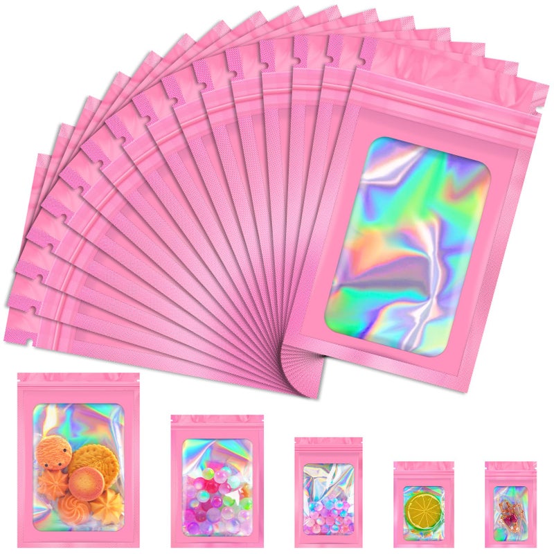 JETMORE 100 PCS Mylar Bags, Pink Holographic Bags, Smell Proof Bags, Resealable Bags for Small Business, Sealable Bags for Packaging, Foil Pouch Bags for Food Storage, Bracelets, Jewelryï¼ˆ2.4x3.9inï¼‰ - Image 1