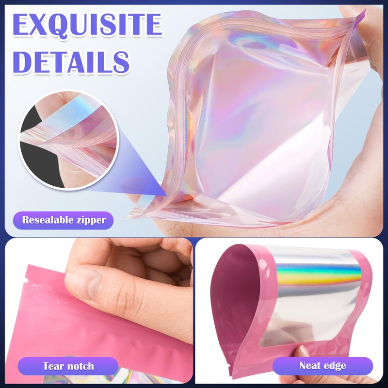 JETMORE 100 PCS Mylar Bags, Pink Holographic Bags, Smell Proof Bags, Resealable Bags for Small Business, Sealable Bags for Packaging, Foil Pouch Bags for Food Storage, Bracelets, Jewelryï¼ˆ2.4x3.9inï¼‰ - Image 5