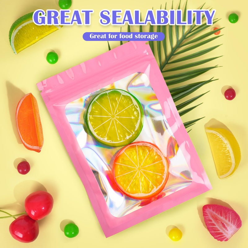 JETMORE 100 PCS Mylar Bags, Pink Holographic Bags, Smell Proof Bags, Resealable Bags for Small Business, Sealable Bags for Packaging, Foil Pouch Bags for Food Storage, Bracelets, Jewelryï¼ˆ2.4x3.9inï¼‰ - Image 3
