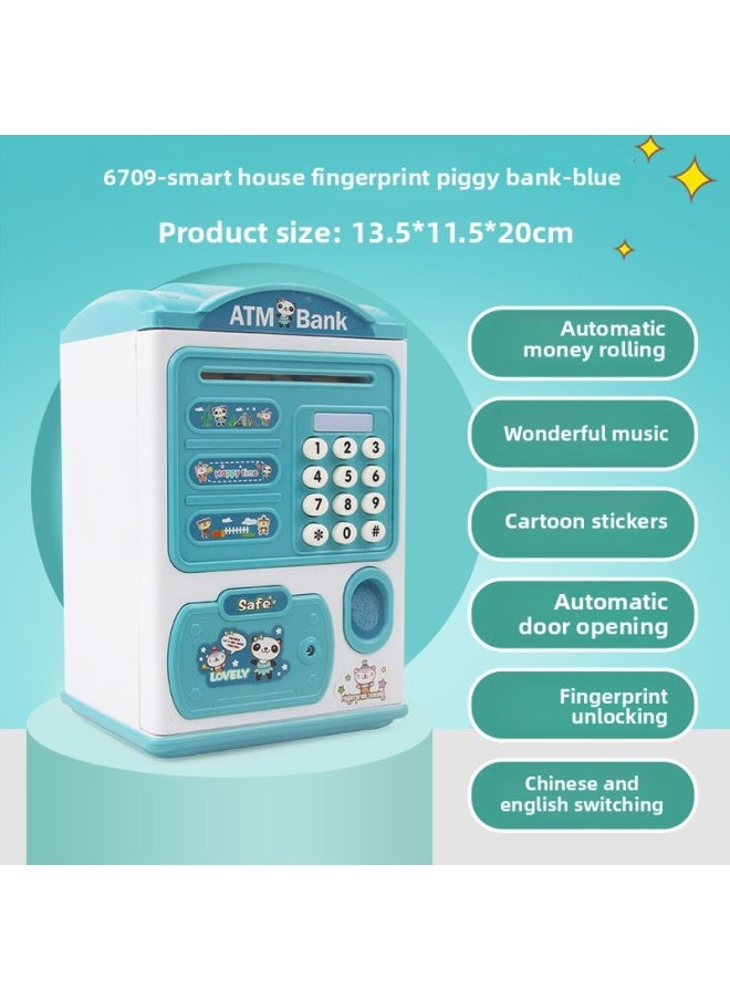Generic Children's Cartoon Fun Saving Large Capacity Simulation Face Recognition Fingerprint Unlocking Piggy Bank Year Toys-Color:Smart House Fingerprint Piggy Bank [blue]]-Size:Ordinary Battery Version [send Battery + Screwdriver]]  - Image 1