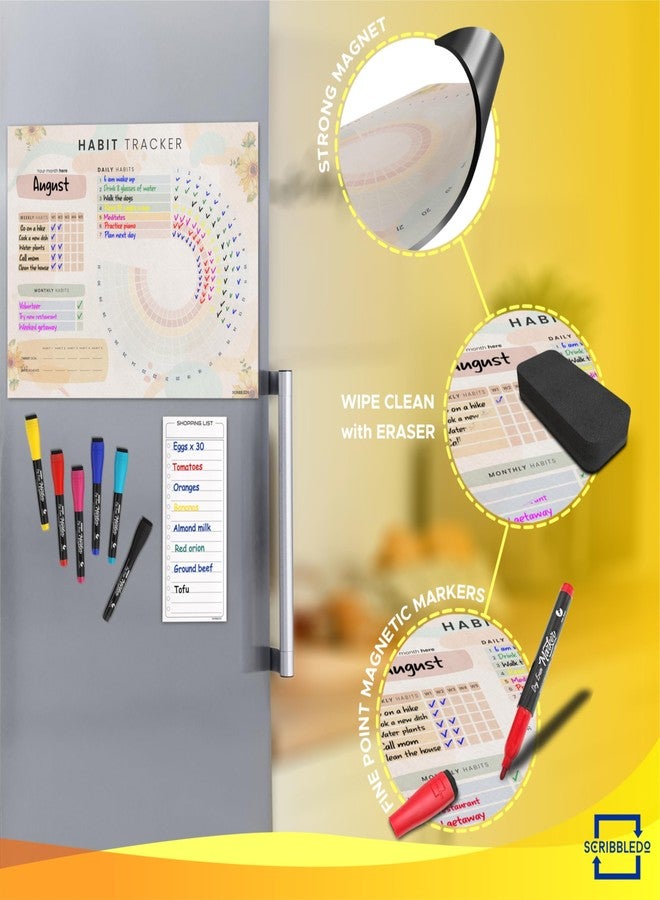 سكريبل دو مفكرة لتتبع العادات، ودفتر تحفيز للتمارين الرياضية، وتقويم للثلاجة، قابلة للمسح الجاف، مقاس 13 × 17 بوصة، مغناطيسية، لتتبع أهداف الصحة واللياقة البدنية - مع قائمة تسوق - 6 أقلام تلوين مرفقة - Image 4