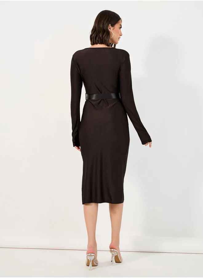 Styli Belted Sheath Midi Dress with Side Slit