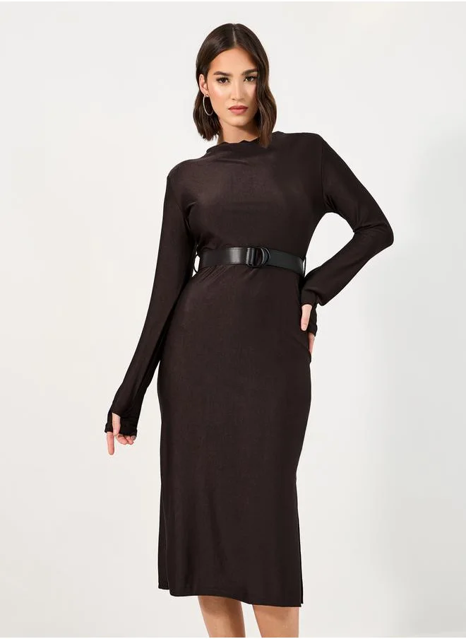 Styli Belted Sheath Midi Dress with Side Slit