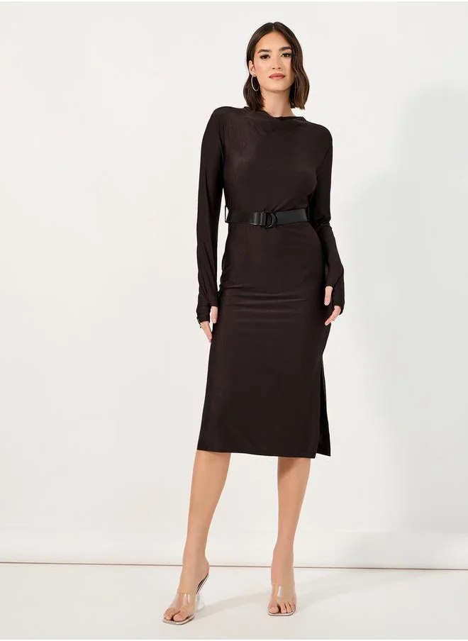 Styli Belted Sheath Midi Dress with Side Slit