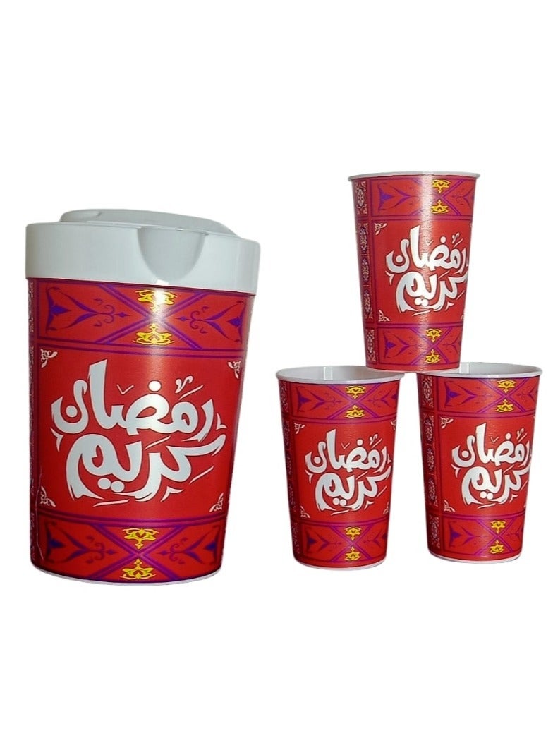 دورق 1 ونص لتر + 3 كوب ديكور رمضان.. (احمر) 