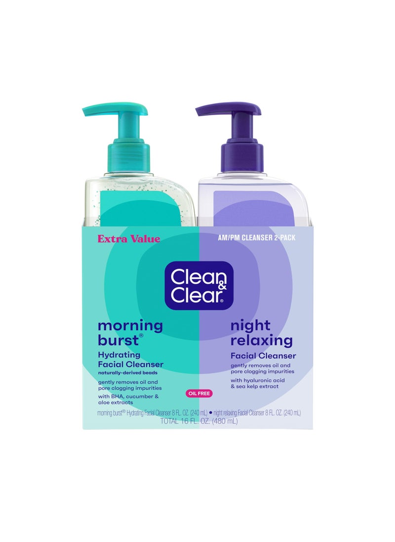 CLEAN & CLEAR Clean & Clear 2-Pack Day & Night Daily Face Cleansers, Morning Burst Hydrating Facial Cleanser & Night Relaxing Deep Cleansing Face Wash, Oil-Free & Won't Clog Pores, 2 x 8 fl. oz 