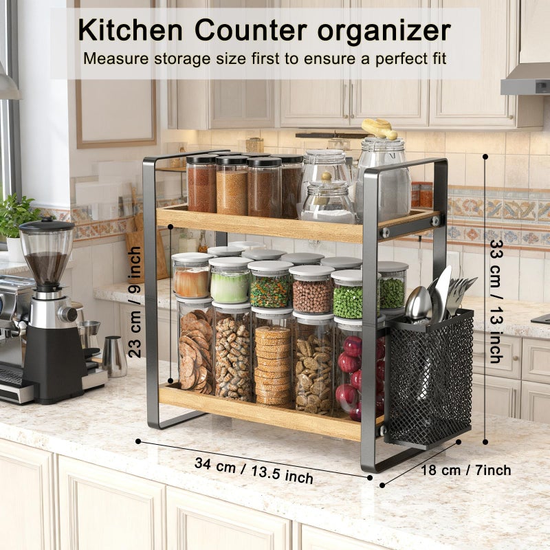LEMIKKLE 2-Tier Wood Coffee Bar Organizer With Basket,Kitchen organizers and storage,Spice Rack Organizer for Countertop,Kitchen - Image 2