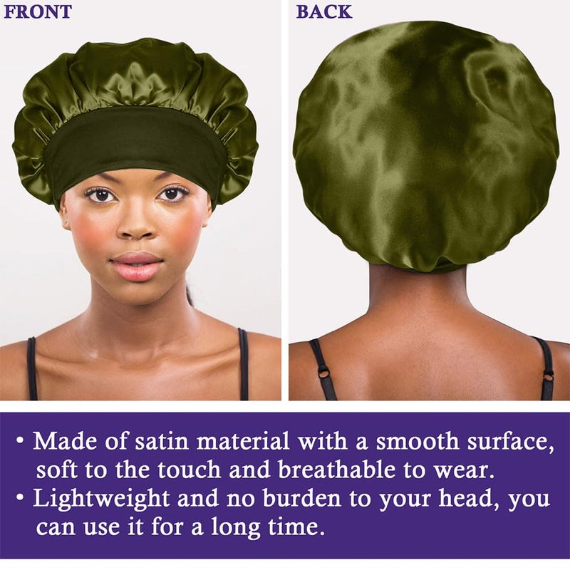 LEADUWAY 4Pcs Satin Bonnet Silk Bonnet, Hair Bonnet for Sleeping, Elastic Wide Band Silk Sleep Cap, Shower Cap Soft and Breathable (Green Series) - Image 5