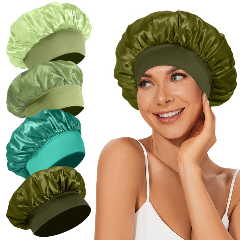 LEADUWAY 4Pcs Satin Bonnet Silk Bonnet, Hair Bonnet for Sleeping, Elastic Wide Band Silk Sleep Cap, Shower Cap Soft and Breathable (Green Series) - Image 1