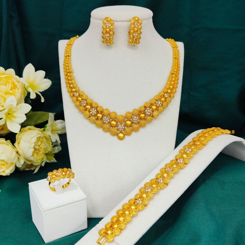 24K Gold Plated Jewelry Set for Women - Necklace, Bracelet, Earrings, Ring - Bridal Wedding Party Collection