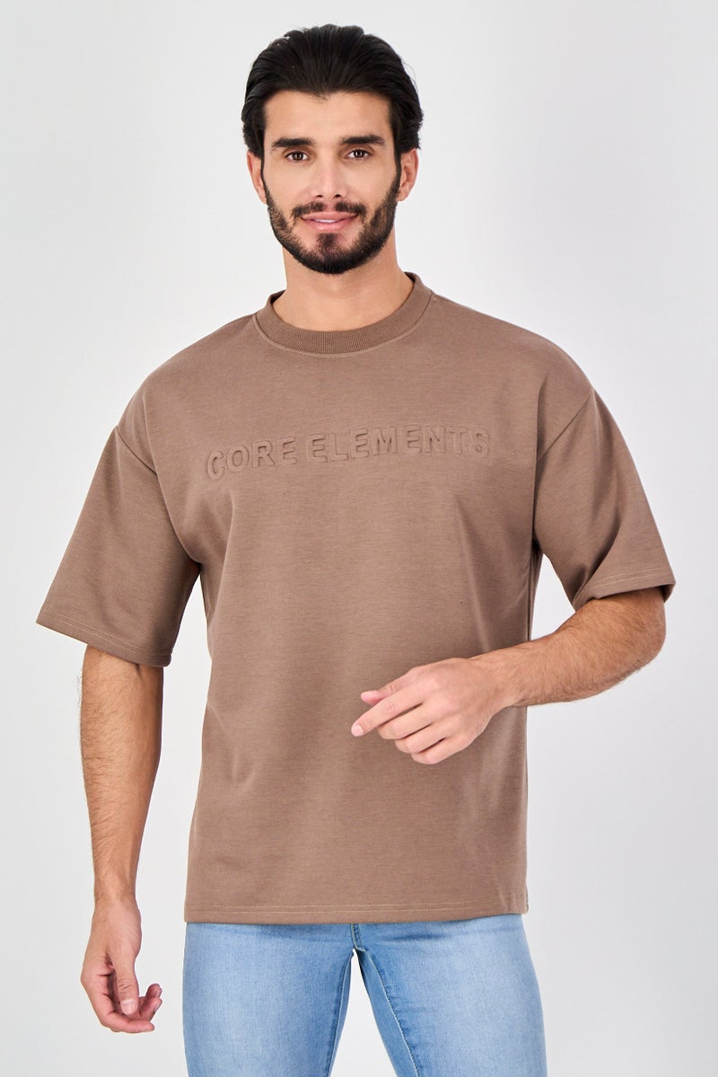 Core Elements Men Crew Neck Short Sleeve Brand Logo T-Shirt, Brown - Image 1