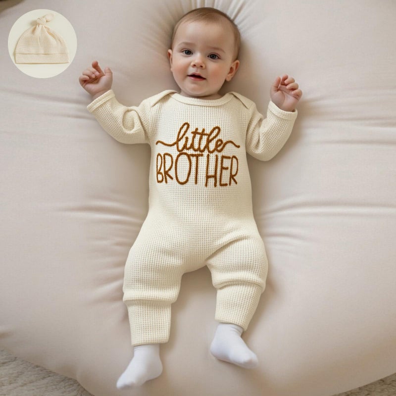 MERSARIPHY Newborn Baby Boy Girl Clothes Hi I'm New Here Coming Home From Hospital Outfits Gender Neutral One Piece Romper (Apricot cute little brother, 0-3 Months) - Image 2