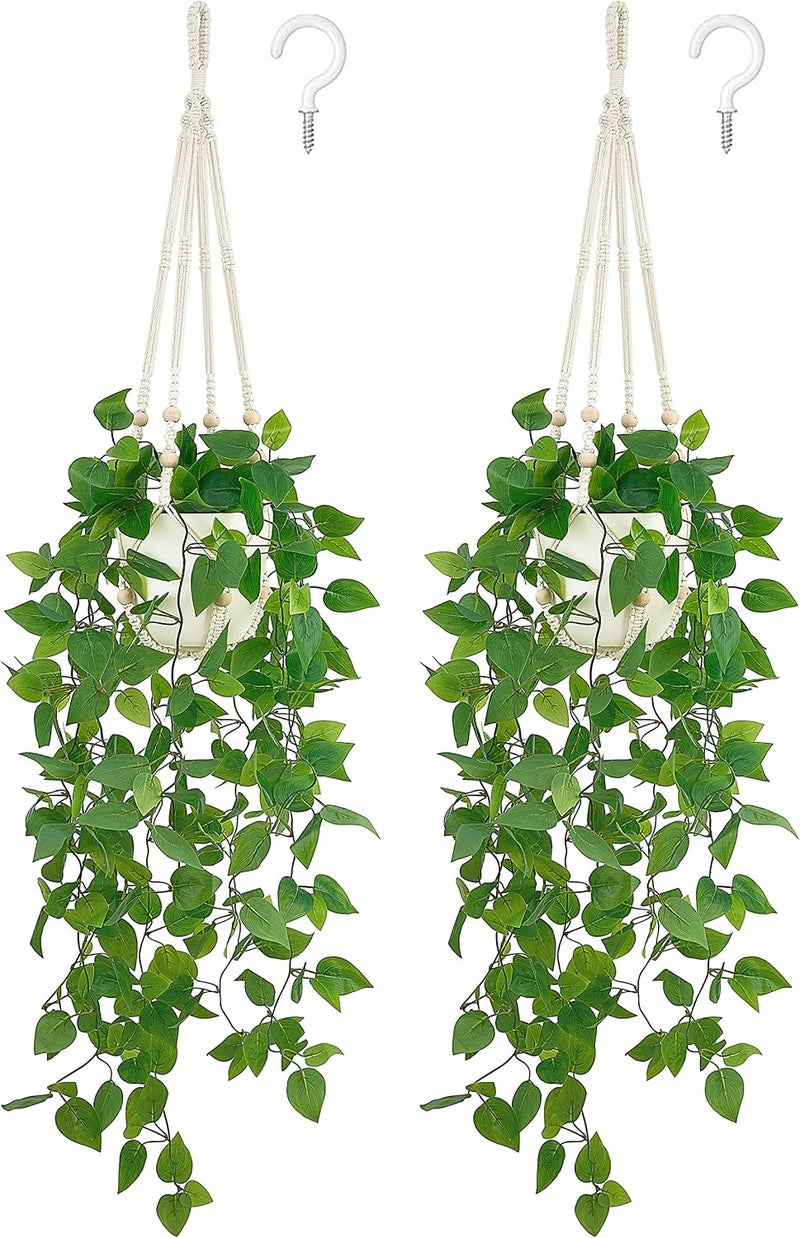 Mkono 2 Packs Fake Hanging Plant with Pot, Artificial Plants Macrame Plant Hanger Fake Vine Greenery for Bedroom Bathroom Home Office Decor - Image 1