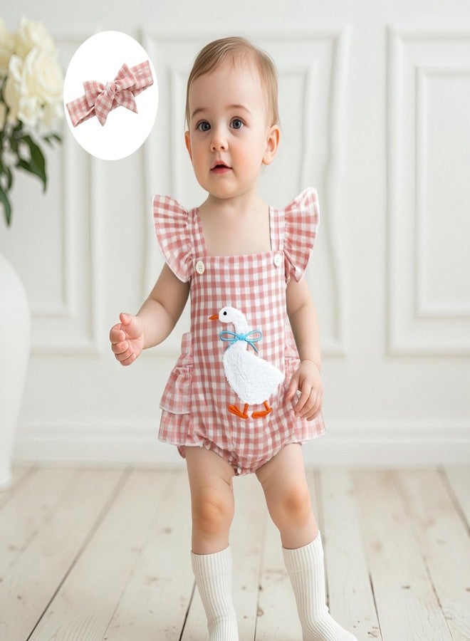 Honganda Cute Baby Girl Summer Romper Flying Sleeve Backless Goose Embroidery Plaid Bodysuit Onesie with Headband (Pink, 6-12 Months) - Image 2