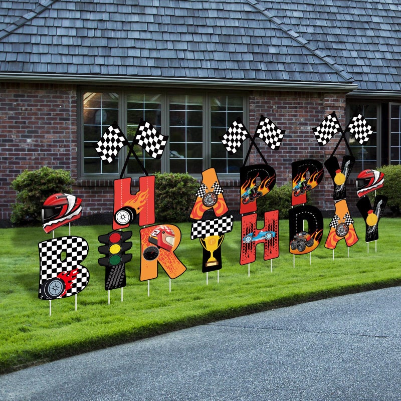 Memorywuu 18 Pcs Happy Birthday Yard Signs with Stakes, 16 Inches Birthday Party Decorations for Boys Girls, Colorful Outdoor Lawn Patio Garden Signs Decorations for Birthday Party(Race Car) - Image 1