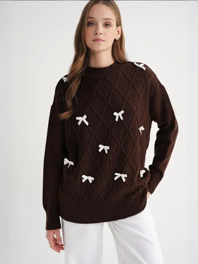 MixRay Bow Detail Cable Knit Oversized Sweater