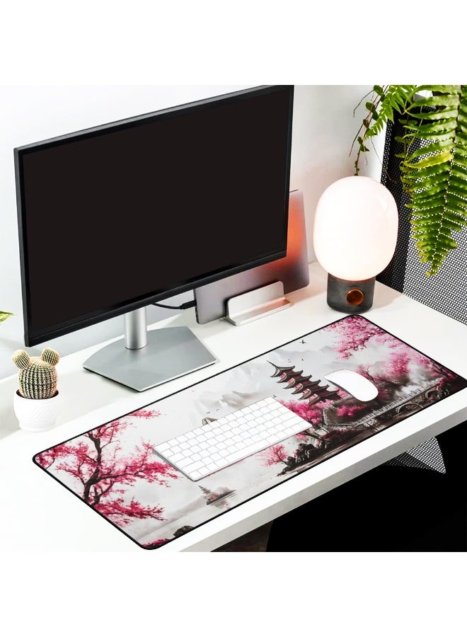 Japanese Cherry Blossom Desk Mat Anime Gaming Mouse Pad 70 x 30 cm Large Desk Pad for Desk Computer Pc Laptop Office Decor, Mouse Keyboard Pad Stitched Edges Non-Slip Rubber Mat Desk Pad - Image 3