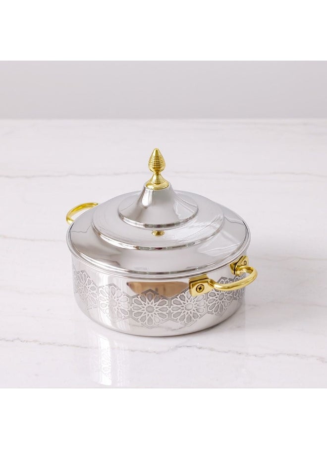 DANUBE HOME Nomaris Hot Pot with Etching Work, Gold & Shiny Polished, 2500 ml – Elegant & Durable Luxury Serving Pot for Family Meals, Special Occasions & Festive Dining 28x28x14CM  - Image 1
