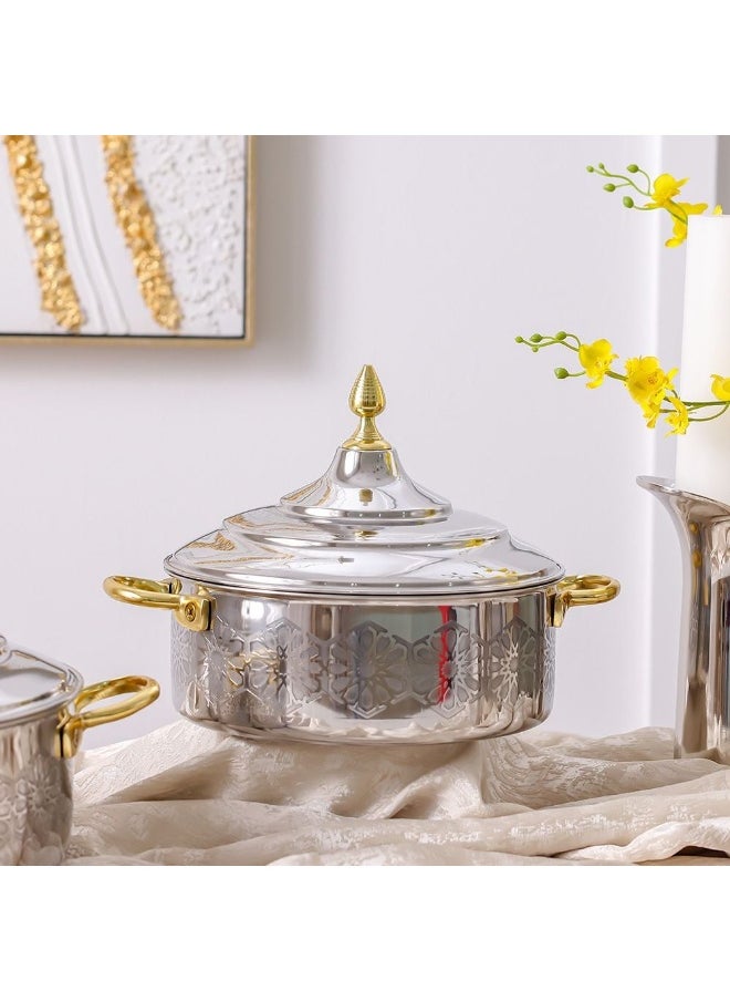 DANUBE HOME Nomaris Hot Pot with Etching Work, Gold & Shiny Polished, 2500 ml – Elegant & Durable Luxury Serving Pot for Family Meals, Special Occasions & Festive Dining 28x28x14CM  - Image 5