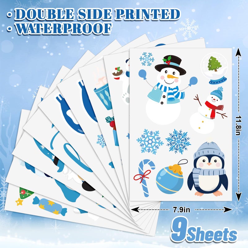 Whaline 9 Sheets Hello Winter Window Cling Stickers Blue Cartoon Penguin Snowman Bear Reusable Window Decals for Christmas Xmas Party Home Office Classroom Decoration - Image 2